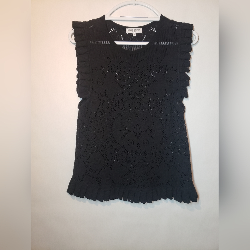 Opening Ceremony Dark Blue crocheted ruffled hem tank blouse Sz M